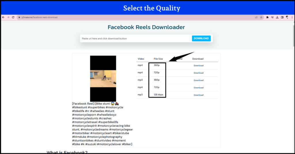 Select Resolution of Facebook reels 